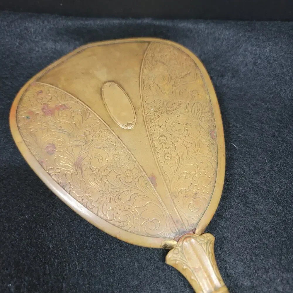 Vintage brass handheld vanity mirror Ornate Victorian 13.5